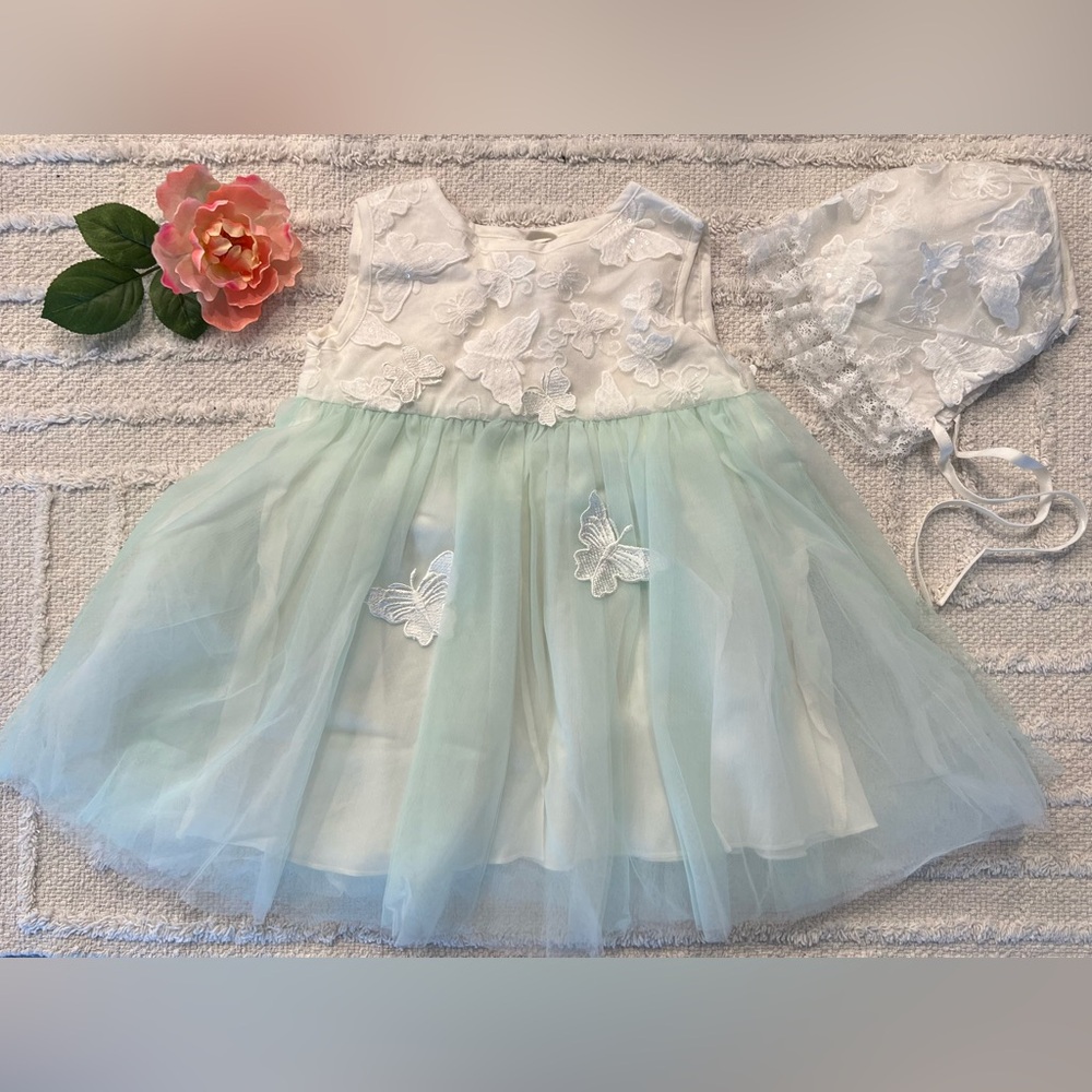 Mint Green Butterfly Baby Girl Dress With Bonnet- Size 18-24 Months